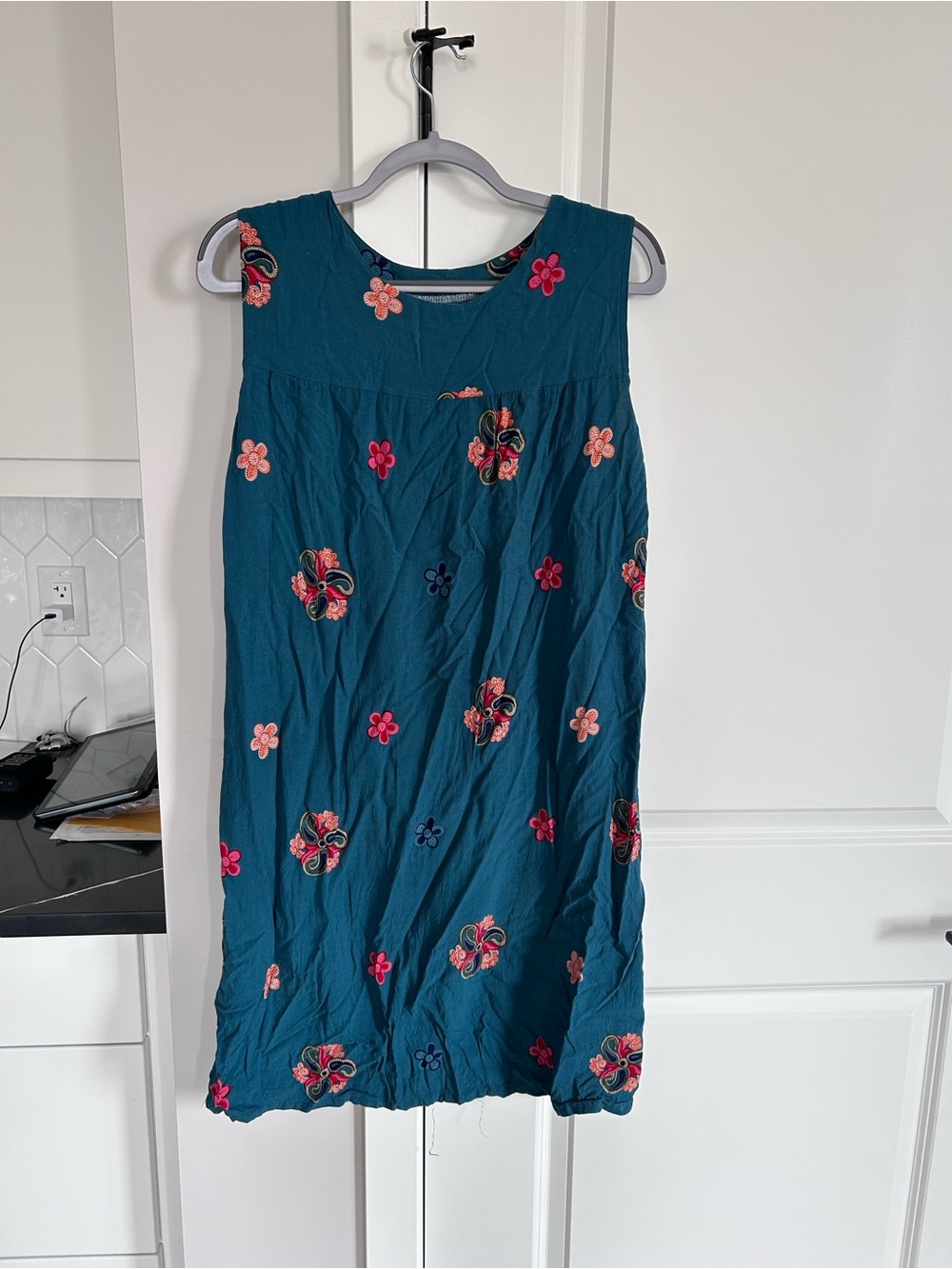 Teal Floral Embroidered Sleeveless Shift Dress Festival Bohemian Cottagecore